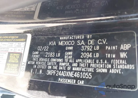 2022 Kia Forte Lxs z USA, uszkodzony, nr VIN 3KPF24ADXNE461055